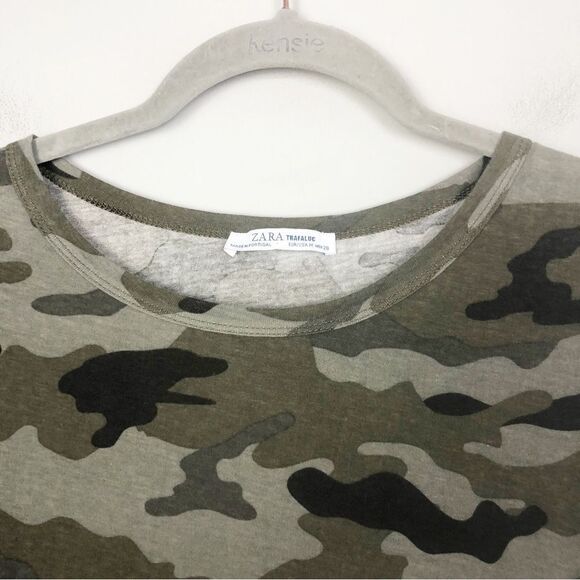 ZARA | Camouflage Boxy Short Sleeve Semi Cropped Green/Black Tee Women’s Size M - Picture 4 of 8